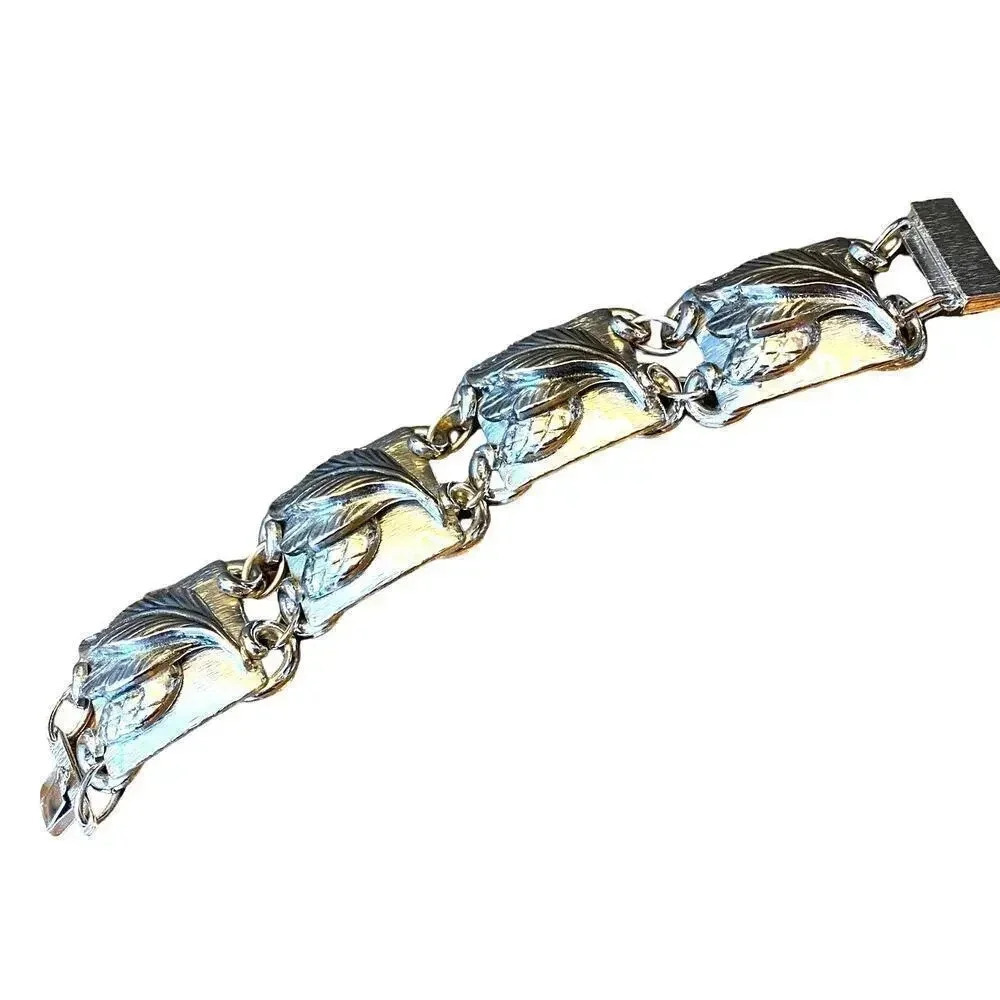 Vintage 3D Leaf Chunky Charm Sterling Silver Bracelet Women’s Length 7”